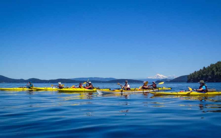 a line of yellow kayaks paddle on calm blue water on an outward bound trip